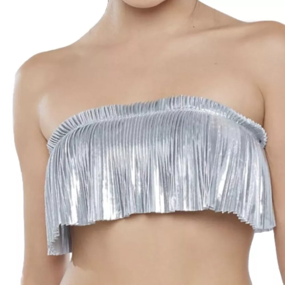 SAVAGE X FENTY Pleated Lame BANDEAU BRALETTE BRA PLUS METALLIC Silver NWT SZ 3X